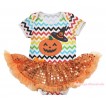 Halloween Rainbow Chevron Baby Bodysuit Bling Orange Sequins Pettiskirt & Pumpkin Witch Hat & Pumpkin Print JS4605